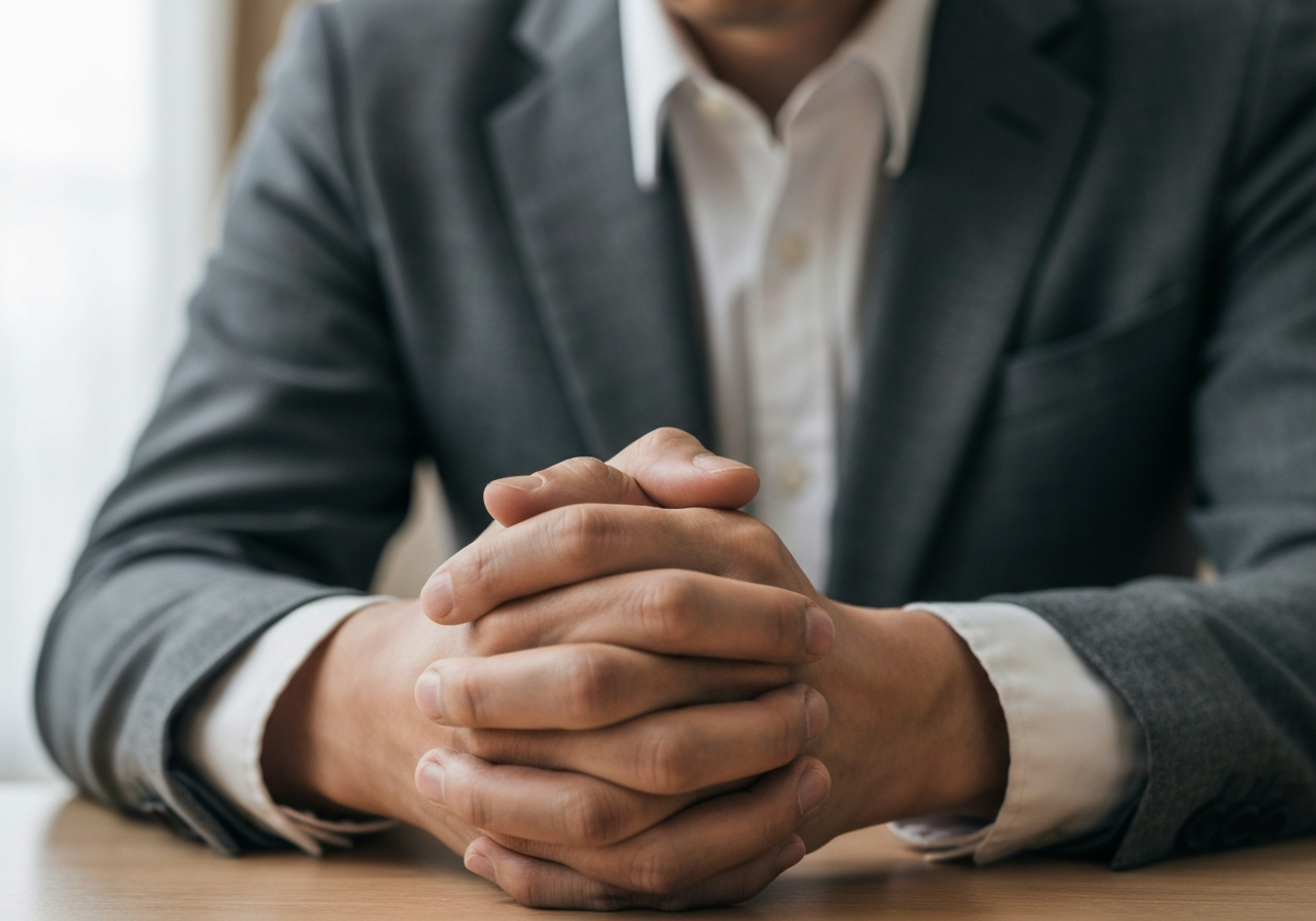 テーブルの上で固く握りしめられた手。借金問題で悩む人の不安やストレスを象徴している。