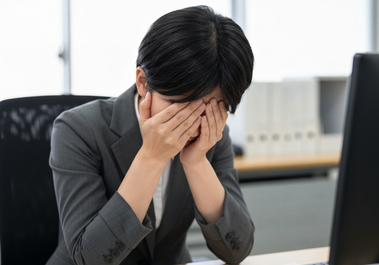 職場で借金の悩みを抱え、顔を覆う公務員。プライバシーと周囲に知られることへの不安を表現。