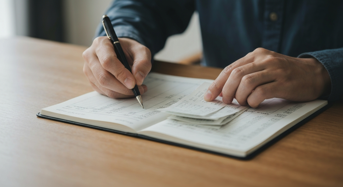 家計簿を丁寧につけている様子。自己破産手続きにおける誠実な対応の重要性を示している。