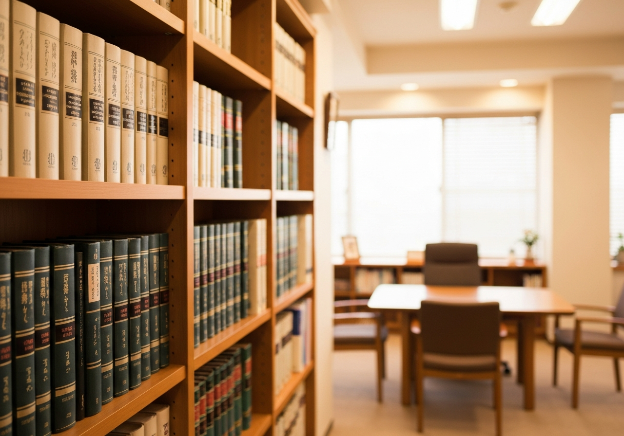 法律書が並ぶ本棚と相談スペースが映る、信頼感のある法律事務所内の風景