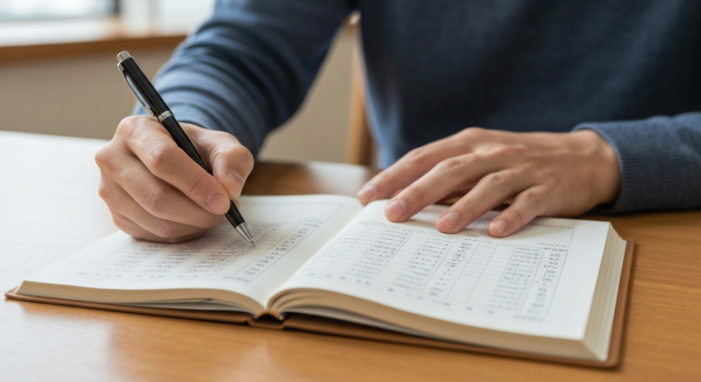 家計簿にペンで丁寧に記入している様子。自己破産手続き中に生活を改め、金銭管理を徹底する誠実な姿勢を表している。