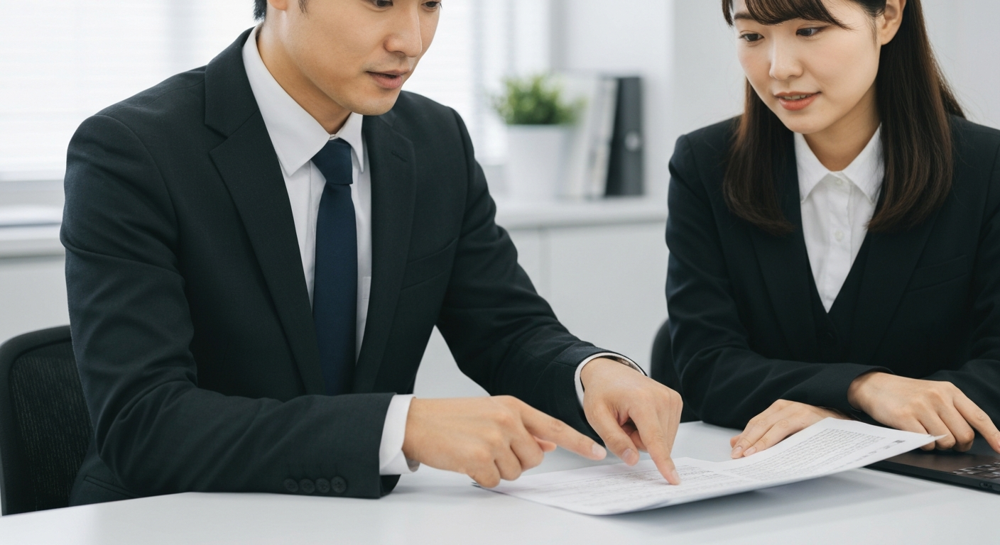 北九州の法律事務所で協力して書類を確認する男性弁護士と女性弁護士の後ろ姿