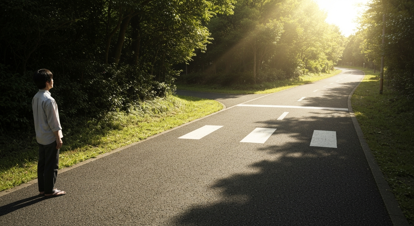 岐路に立ち、光が差す明るい道を見つめる人物。過去と決別し、自己破産を経て新しい人生を歩みだす決意を象徴している。
