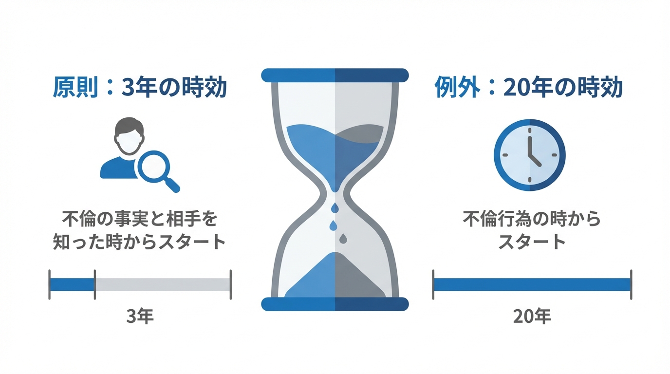 不倫慰謝料請求の時効である「3年」と「20年」のルールを説明する図解