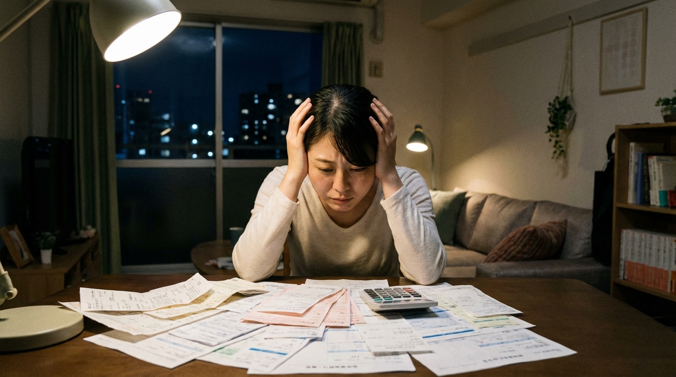 多くの請求書を前に頭を抱える女性。シングルマザーが抱える借金問題の深刻さを表す。