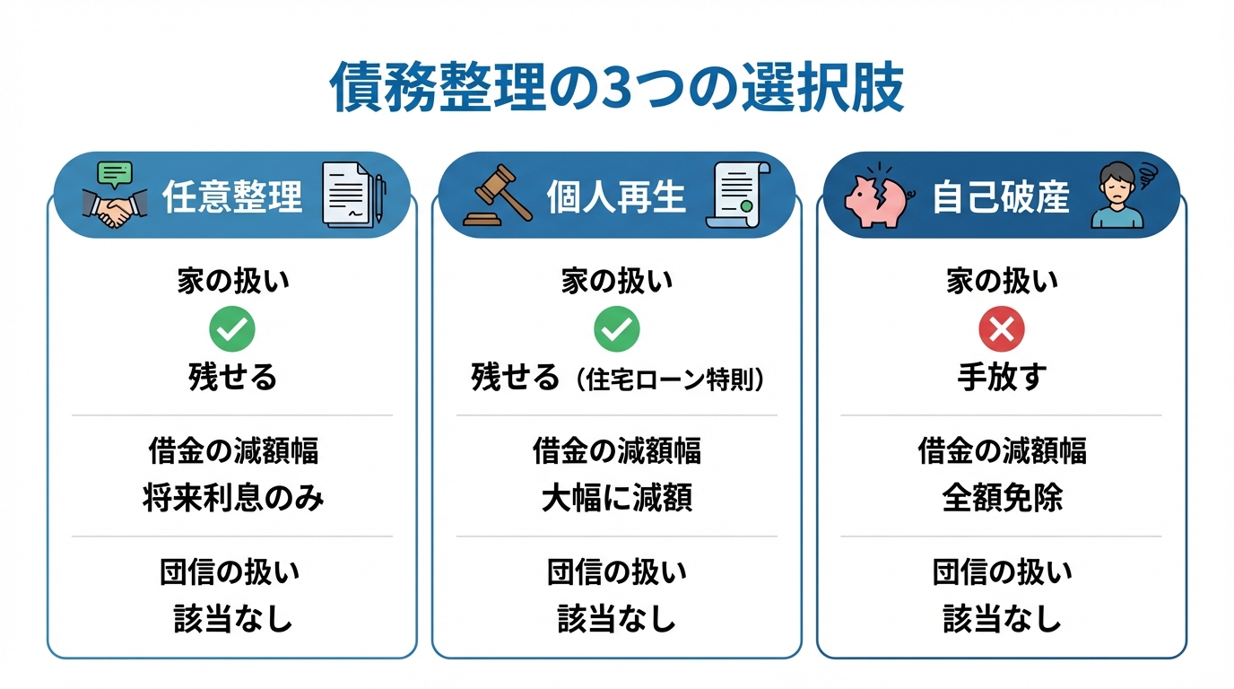 債務整理の3つの方法(任意整理・個人再生・自己破産)における、家の扱い・借金減額幅・団信の扱いの違いを比較した図解。