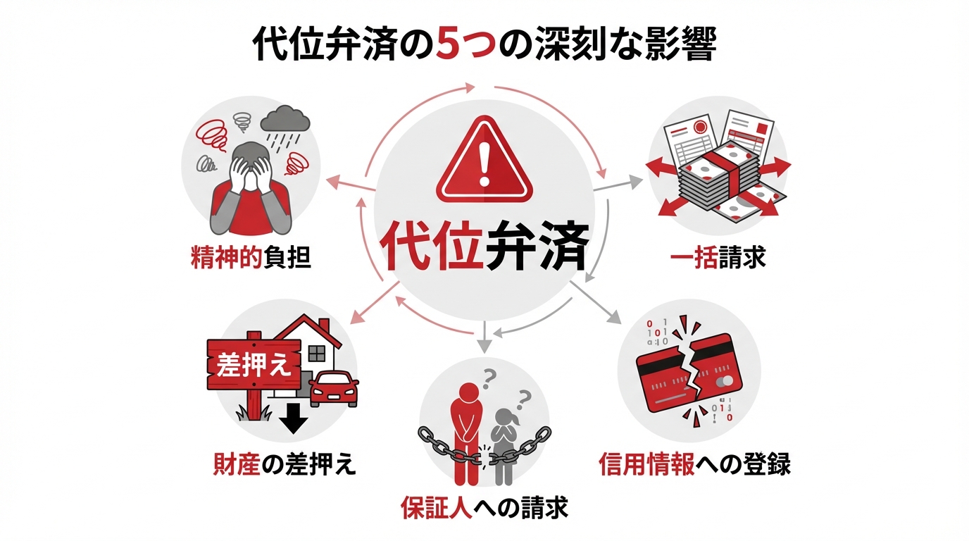代位弁済が実行された場合に起こる5つの深刻な影響を図解。一括請求、信用情報、保証人、差押え、精神的負担のアイコンが示されている。