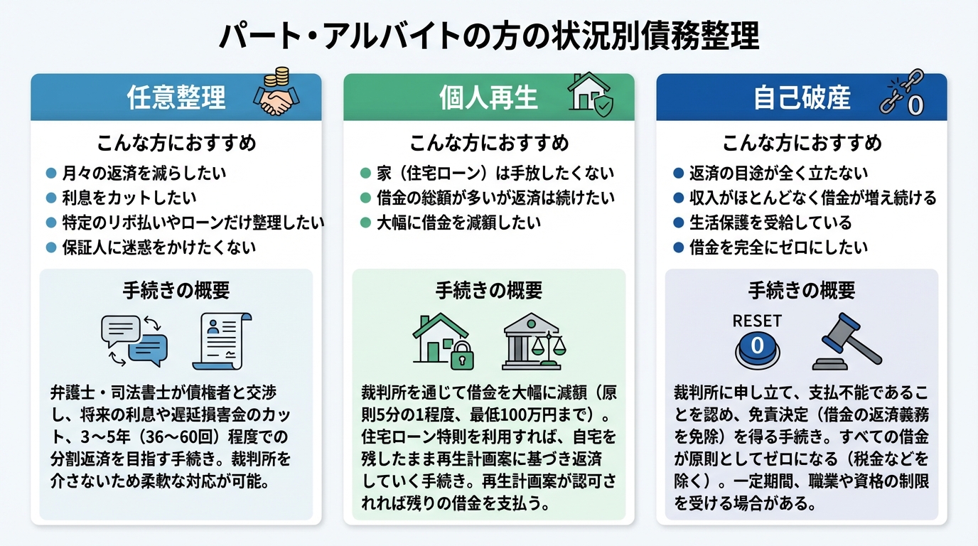 パート・アルバイト向けの債務整理手続きの比較図。任意整理、個人再生、自己破産の特徴と、それぞれがどのような人におすすめかを示している。
