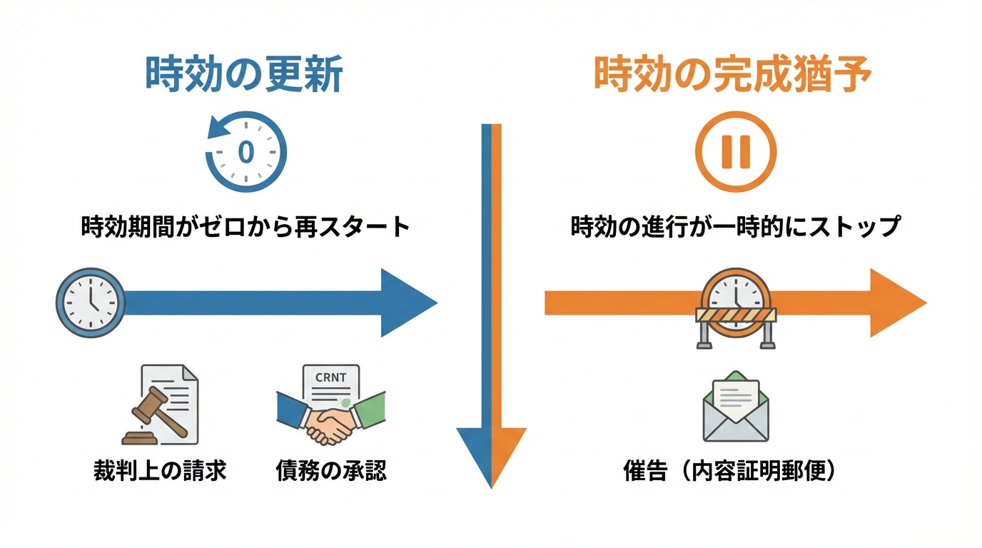 時効の更新と完成猶予の違いを比較した図解