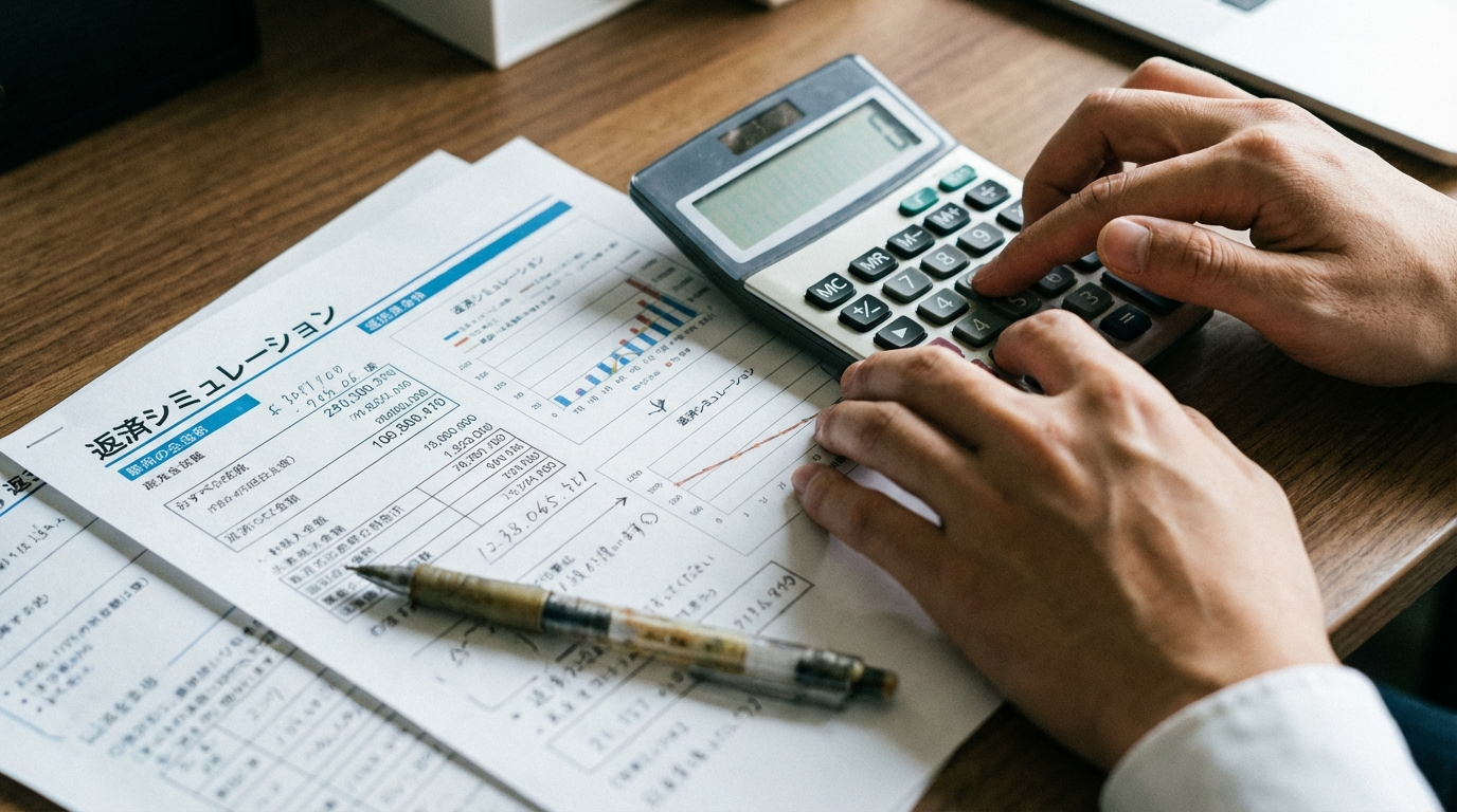 電卓と書類を使って任意整理後の返済計画をシミュレーションしている様子。