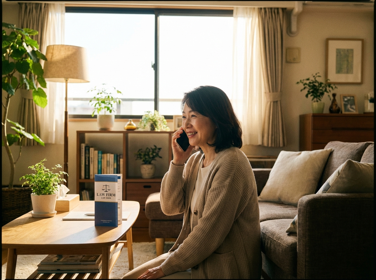 弁護士に相談し、借金問題の解決に安堵する女性。債務整理に関するよくある質問が解消された様子。