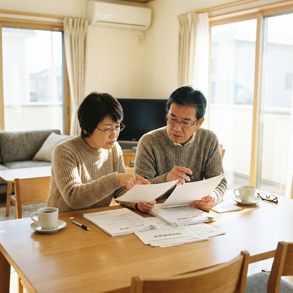 団信の契約内容を確認しながら、今後の住宅ローン返済について話し合う夫婦。