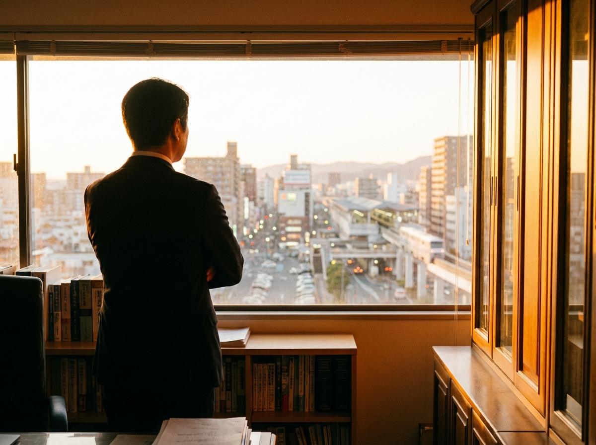 北九州の街並みを背景に、依頼者の未来を考える弁護士の後ろ姿。