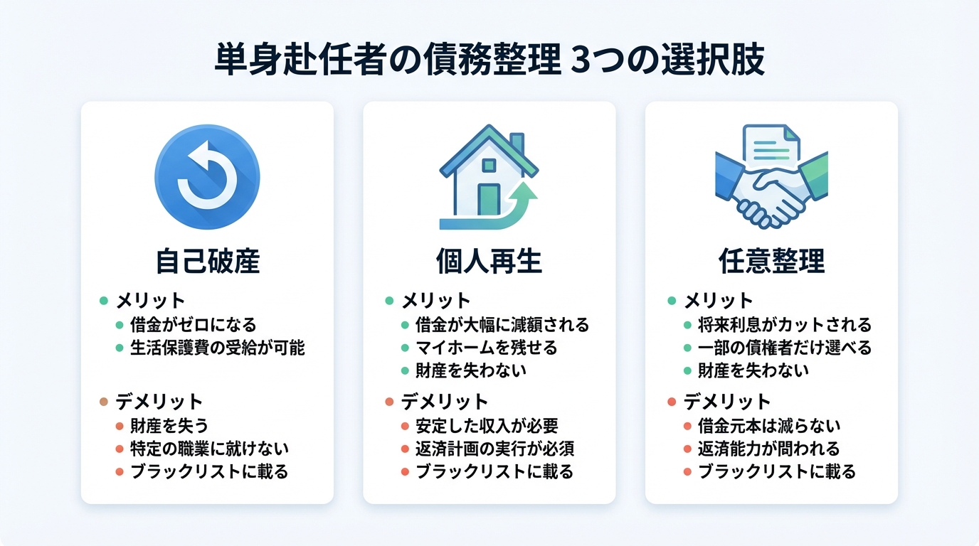 単身赴任者のための債務整理方法「自己破産・個人再生・任意整理」のメリット・デメリットを比較した図解。