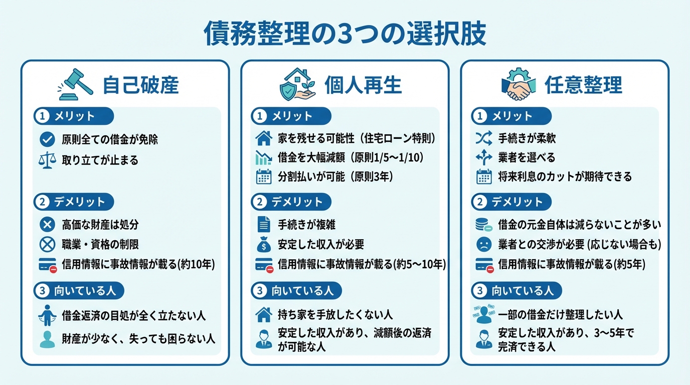 自己破産・個人再生・任意整理の3つの債務整理手続きのメリット・デメリット・向いている人を比較した表。