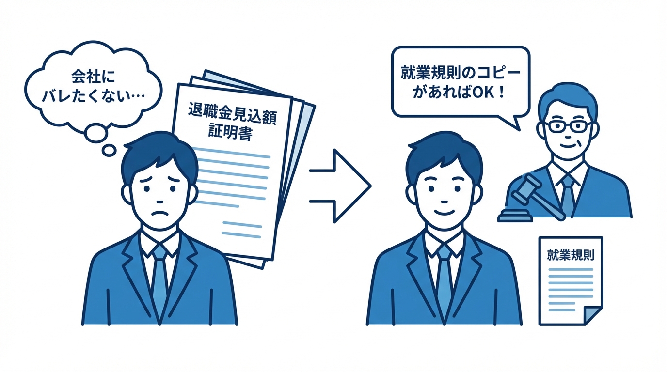退職金見込額証明書を会社に頼まずに弁護士が就業規則から作成できることを示す図解。会社バレを心配する会社員が弁護士に相談して安心する流れ。