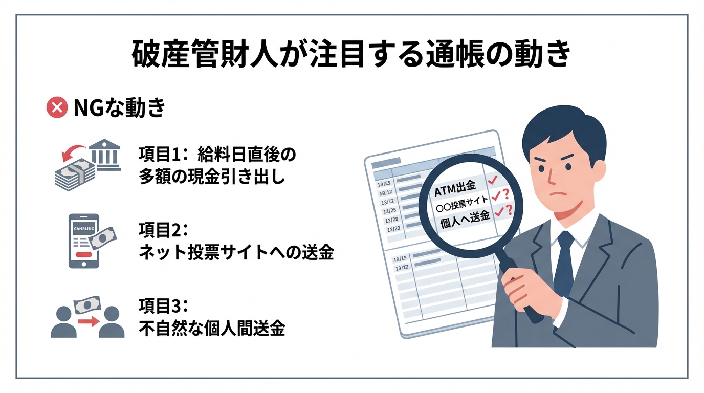 破産管財人が通帳でチェックするポイントの図解。使途不明金、ネット送金、個人間送金を問題視する。