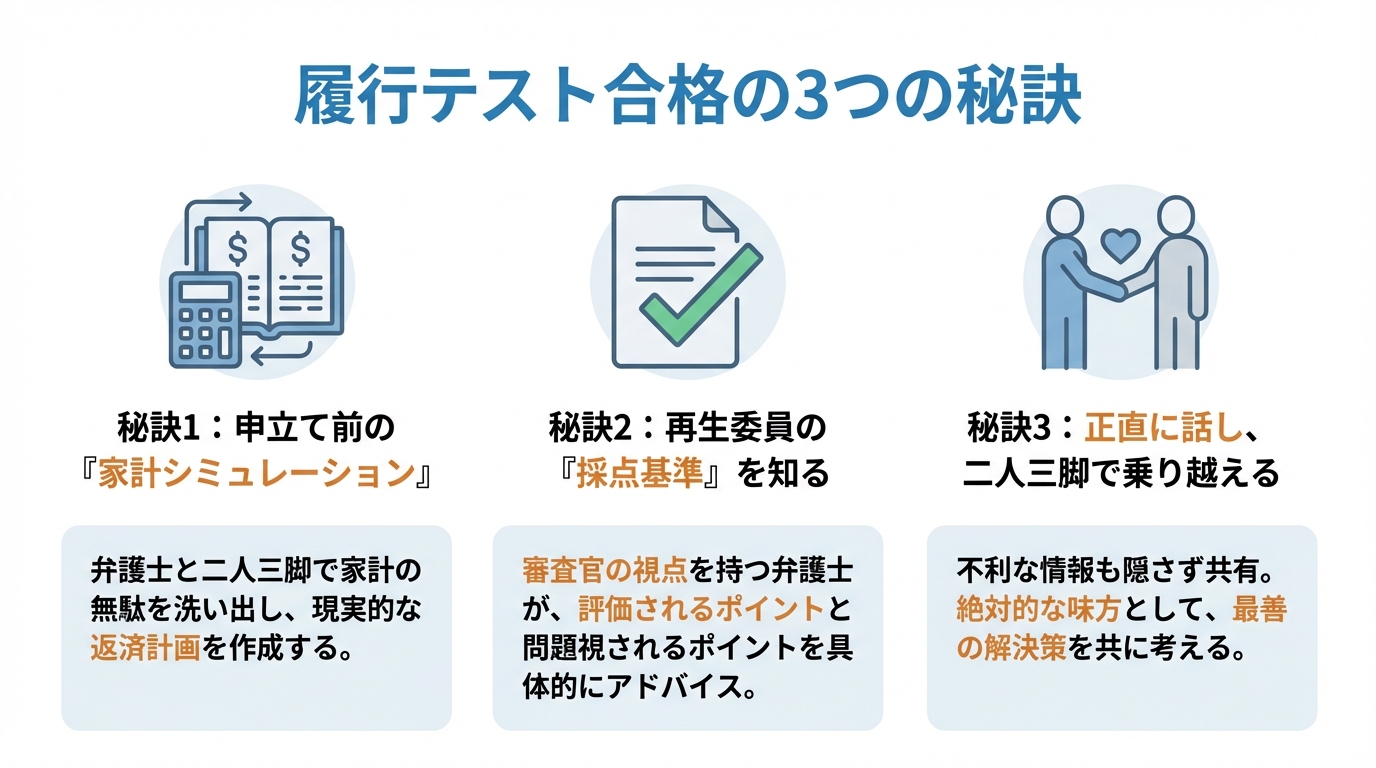個人再生の履行テストに合格するための3つの秘訣（事前シミュレーション、専門家の知見、弁護士との信頼関係）をまとめた図解。