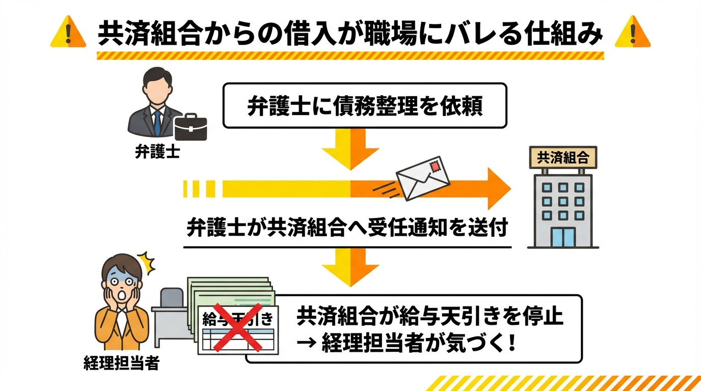 共済組合からの借入がある場合に債務整理が職場にバレる仕組みの図解。弁護士からの受任通知により給与天引きが停止し、経理に知られる流れを示す。