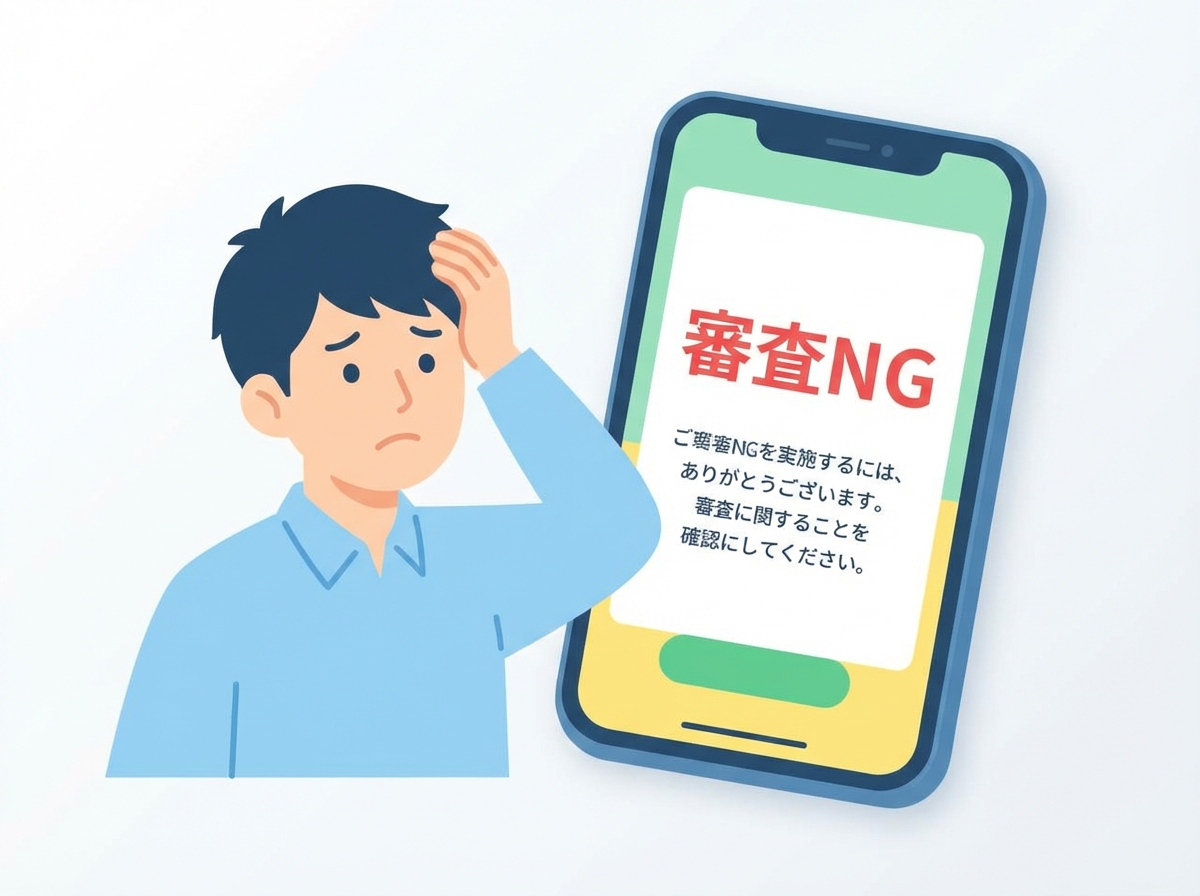 スマートフォンの分割払い審査に落ちてしまい、困っている様子を描いたイラスト。