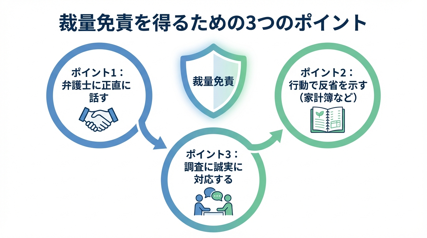 自己破産で裁量免責を得るための3つの重要ポイントを図解で解説。弁護士への正直な相談、行動での反省、誠実な対応が鍵となる。