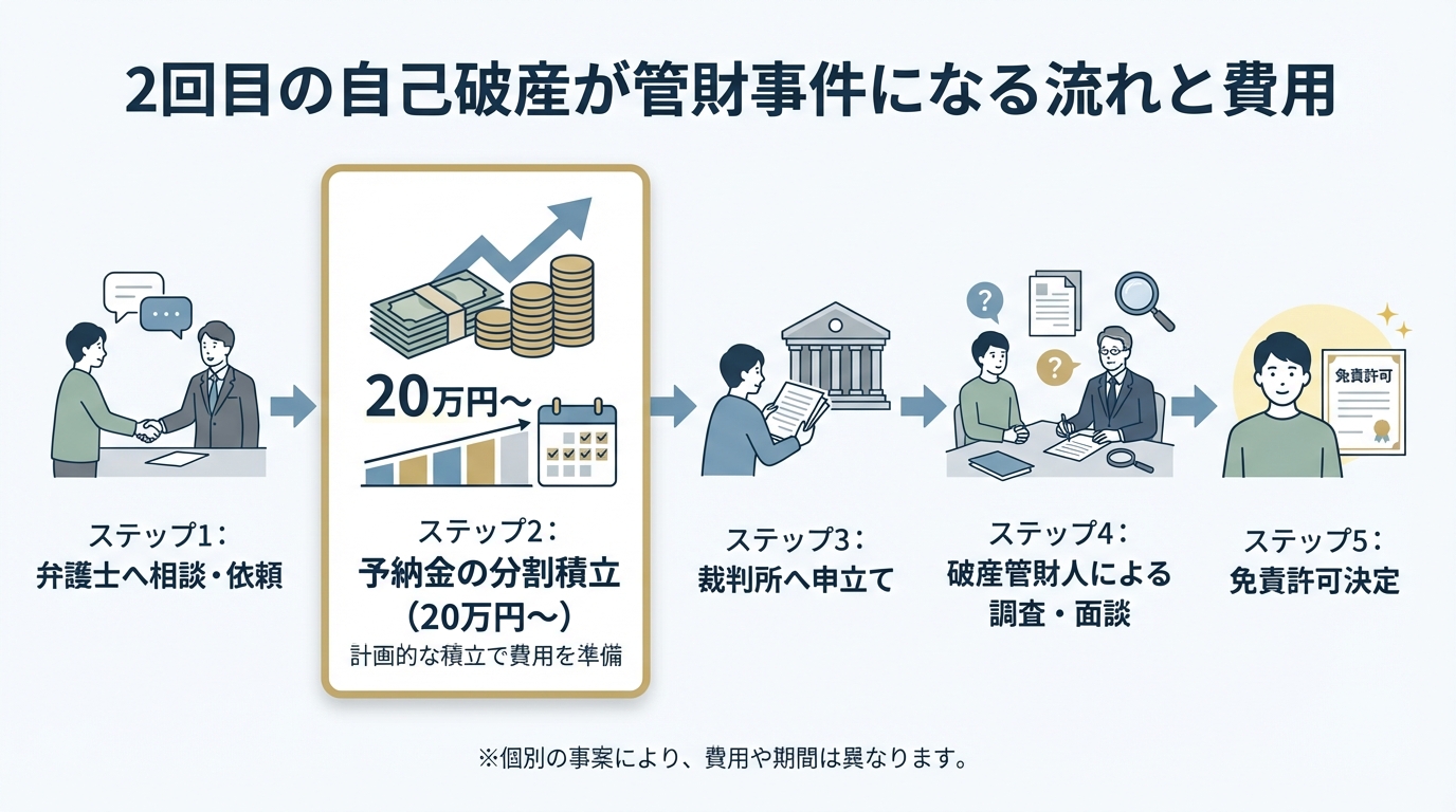 2回目の自己破産における管財事件の流れと費用の図解。弁護士への相談から予納金の積立、管財人面談を経て免責許可に至るまでのステップを示している。