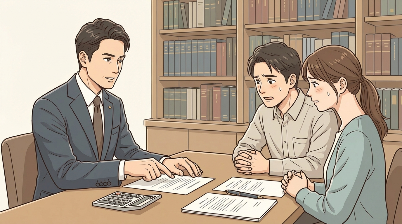 行橋支部の自己破産手続きについて相談者へ説明する弁護士。管財人としての経験を基に的確なアドバイスを行う様子。