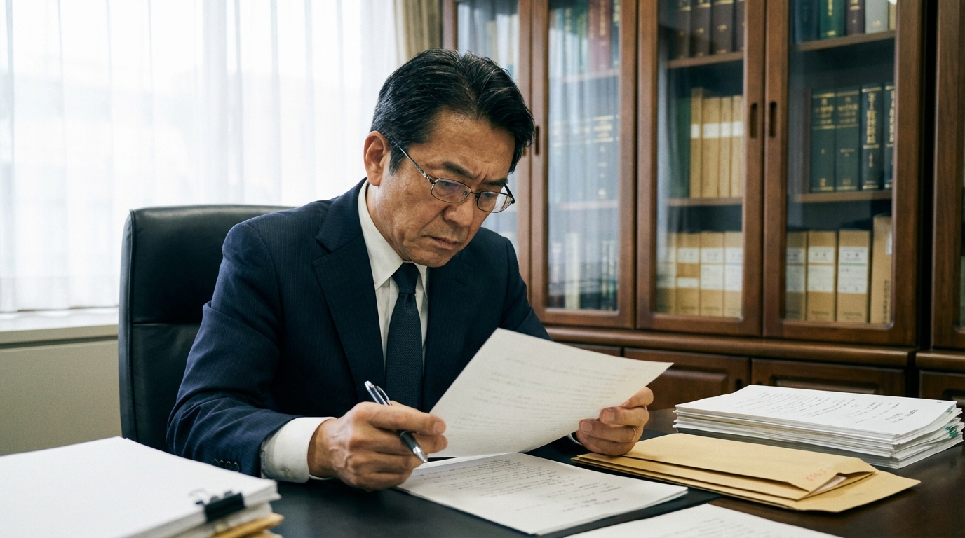 破産管財人がオフィスで破産者宛ての郵便物を真剣に確認しているイラスト。財産調査の厳格さと専門性を示している。