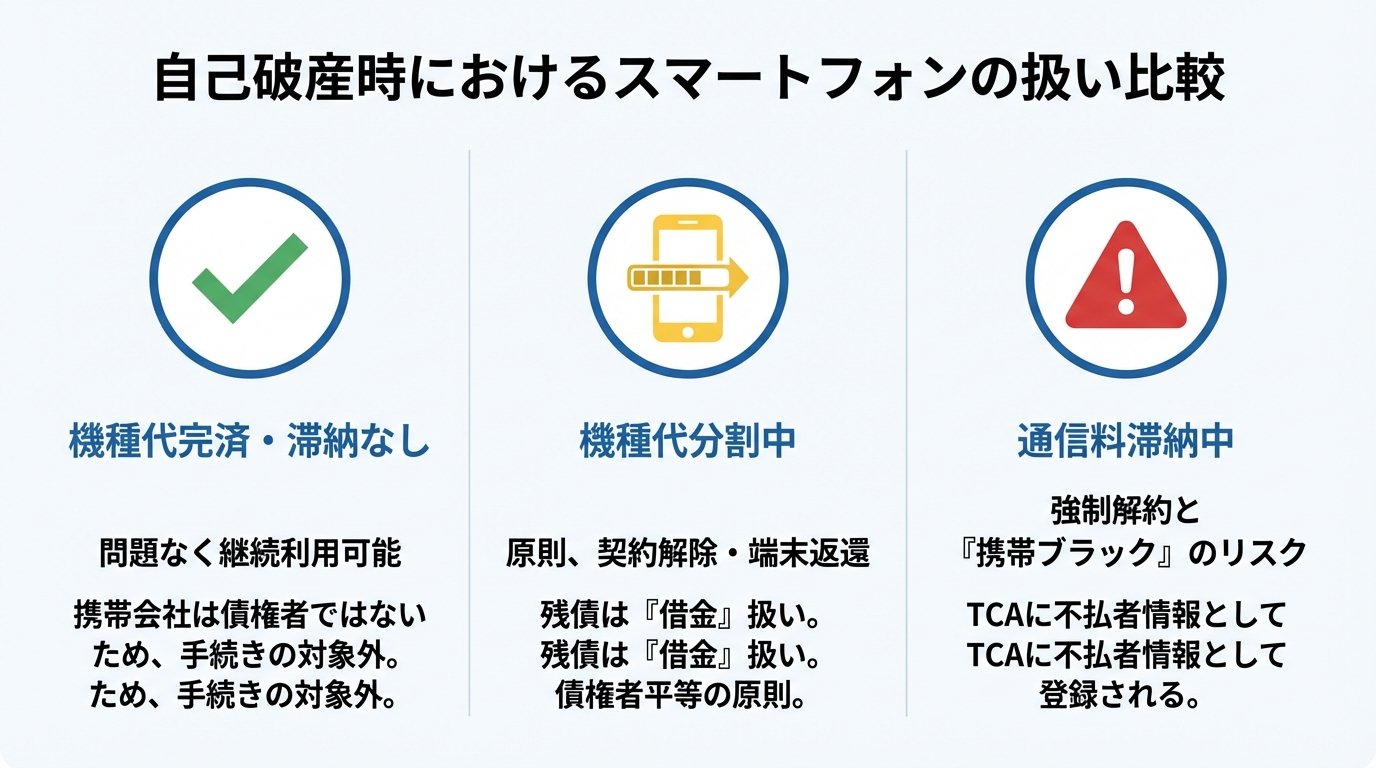 自己破産時のスマホ契約がどうなるかを示した図解。機種代完済なら継続可能、分割中なら契約解除の可能性、滞納中は強制解約のリスクがあることを示している。