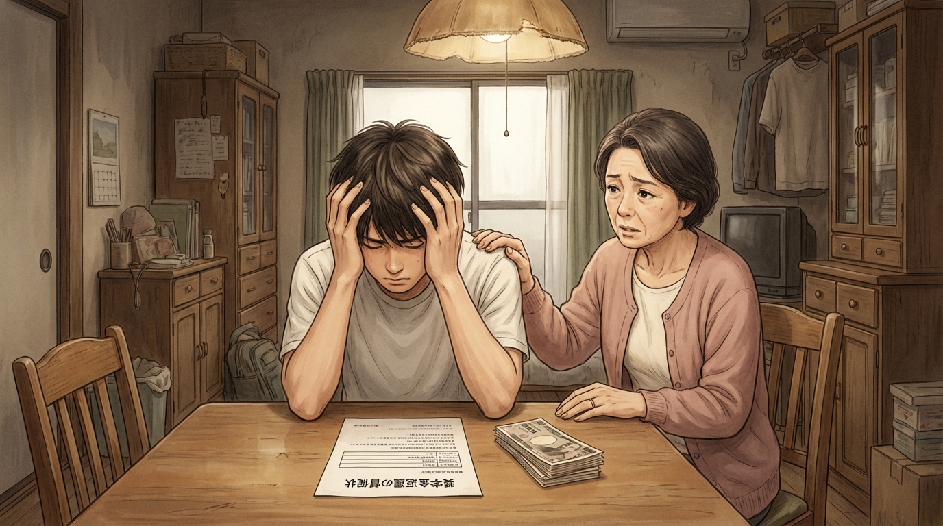 奨学金の督促状を前に悩む息子と心配する母