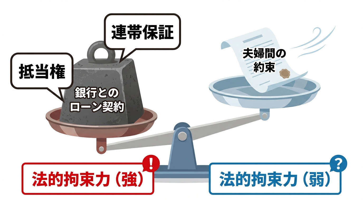 離婚時の約束の力関係を示す図解。銀行とのローン契約が重い天秤の皿に、夫婦間の約束が軽い皿に乗っており、銀行との契約が法的に優先されることを示している。