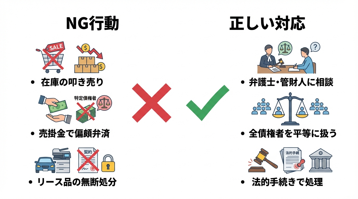 自営業者の破産におけるNG行動と正しい対応の比較図。在庫処分、売掛金使用、リース品処理について、やってはいけないことと、弁護士に相談するべき正しい対応を分かりやすく示している。