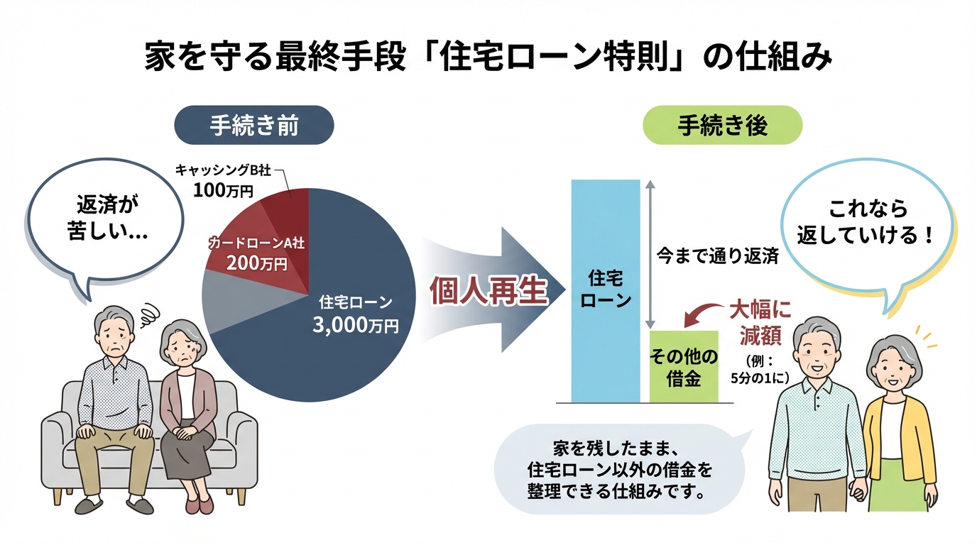 個人再生の住宅ローン特則の仕組みを解説する図解。手続き前は住宅ローンと他の借金で返済が苦しい状況が、手続き後は住宅ローンはそのまま、他の借金が大幅に減額され返済が楽になる様子が比較されている。