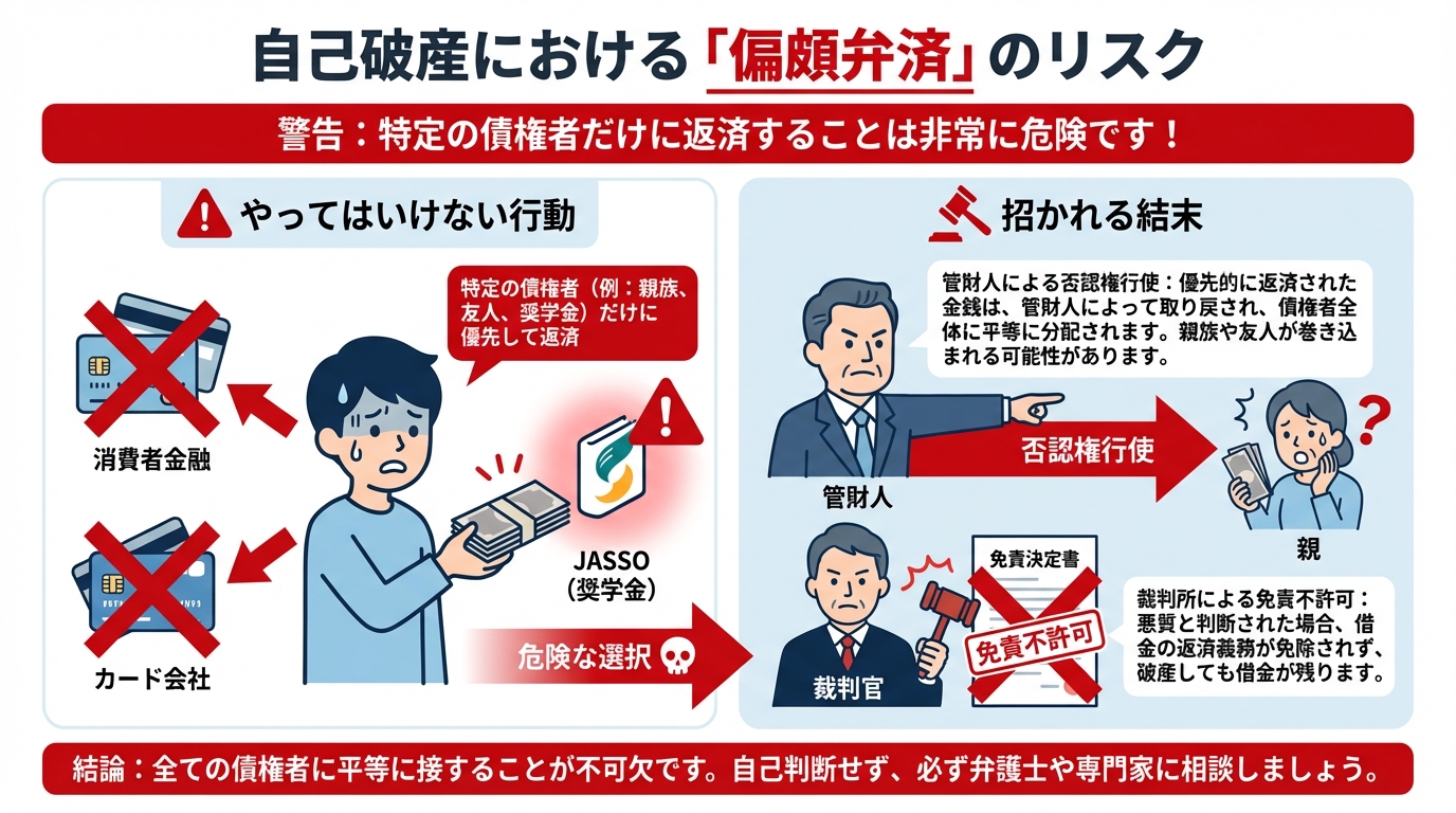 奨学金の自己破産における偏頗弁済のリスクを図解したインフォグラフィック