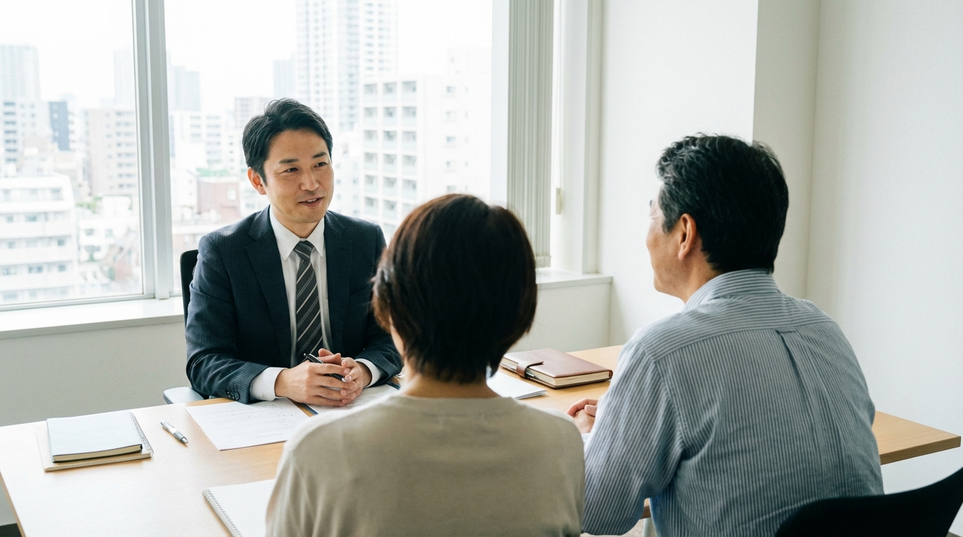遠賀郡・中間市から債務整理の相談に来られた方と、親身に対応する弁護士の様子。