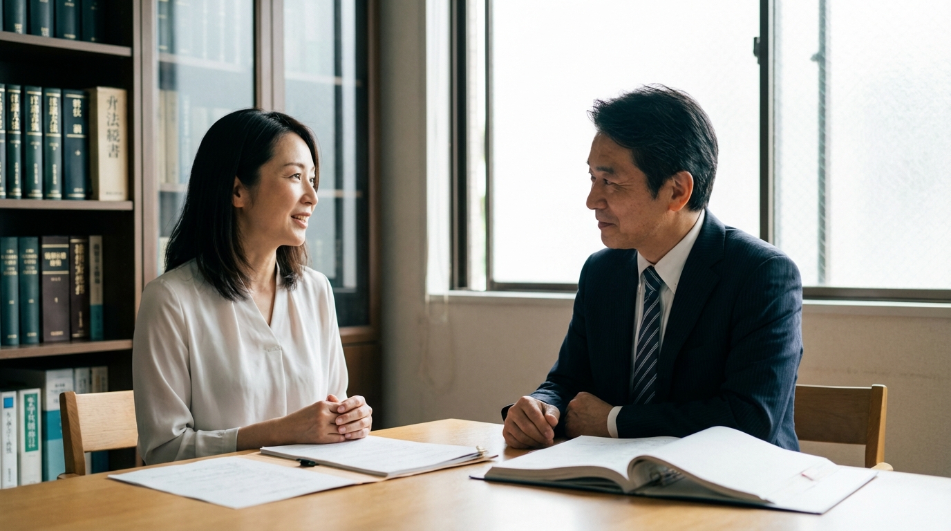 法律事務所で弁護士に相談し、安堵の表情を浮かべる女性。離婚と住宅ローンの問題解決への希望を感じさせる。