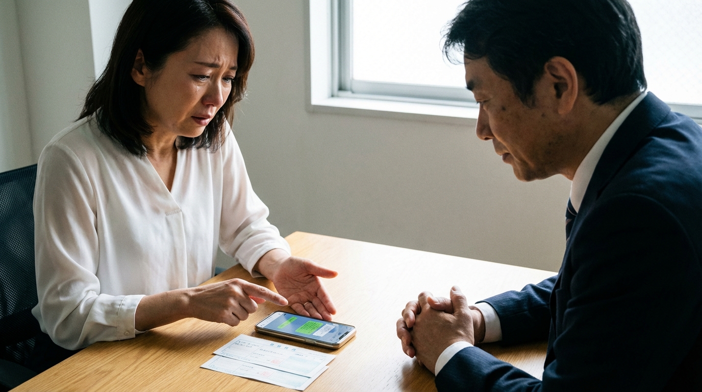 投資詐欺の証拠を前に弁護士に相談する女性。自己破産による解決の可能性について話を聞いている様子。