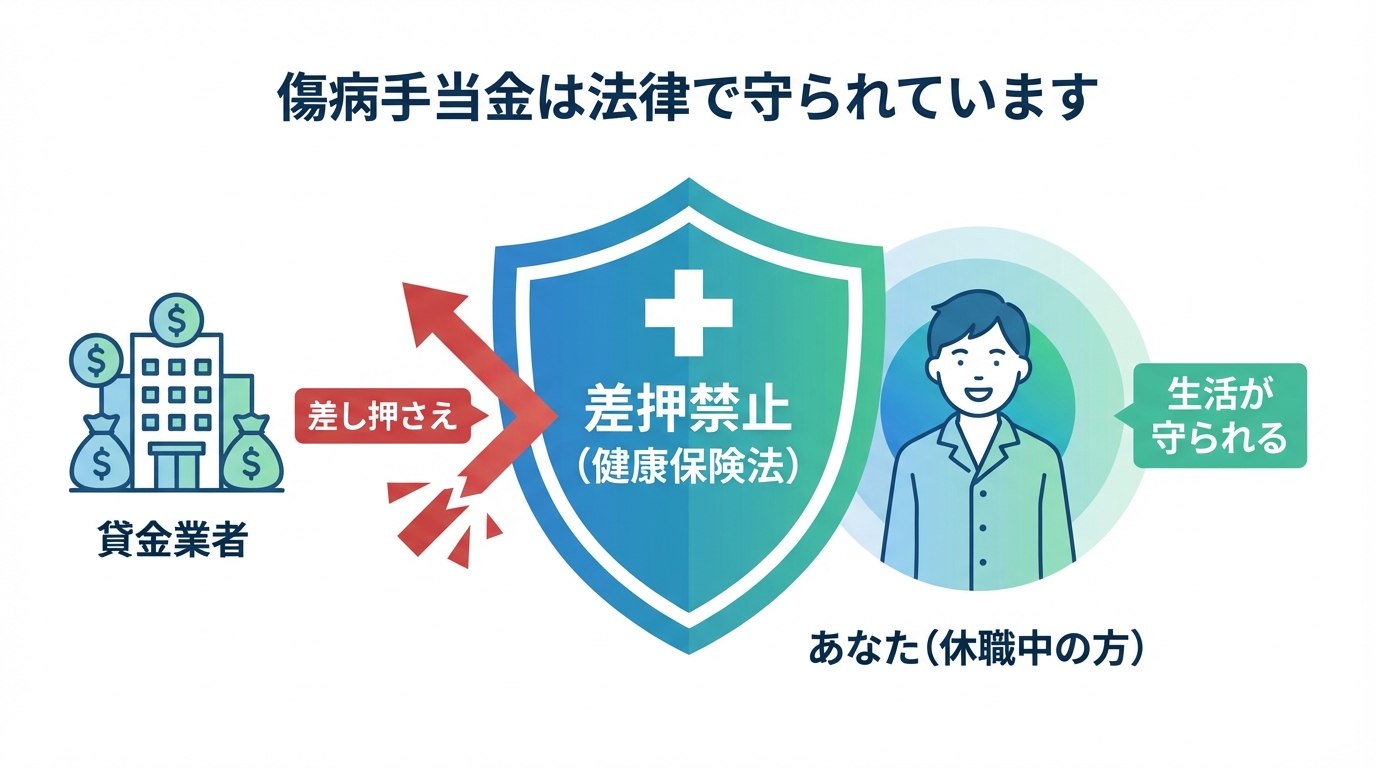 傷病手当金が差押禁止債権であることを示す図解。貸金業者からの差し押さえを盾がブロックし、休職中の人の生活が守られる様子を描いている。
