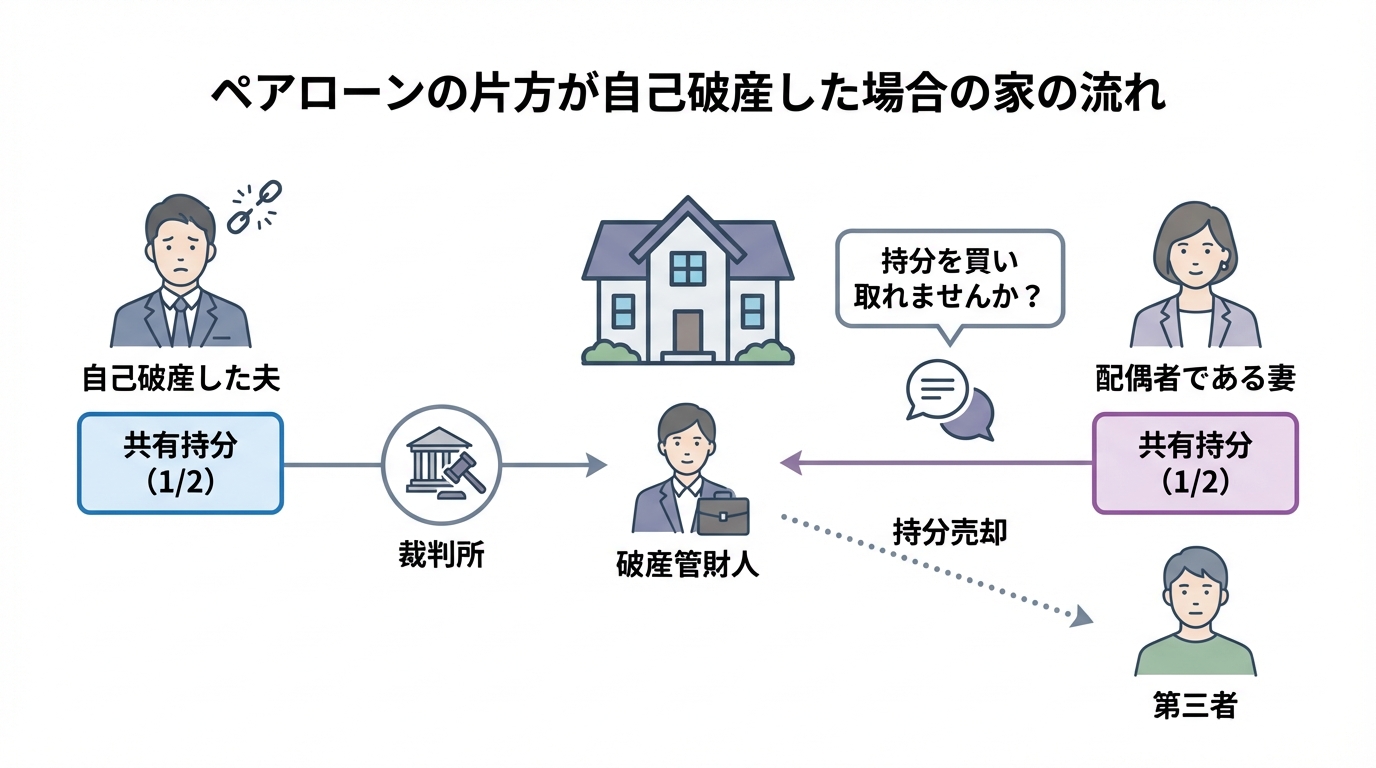 ペアローンで片方が自己破産した場合の共有持分処分の流れを示した図解。破産管財人が配偶者に持分買取を打診する様子が描かれている。