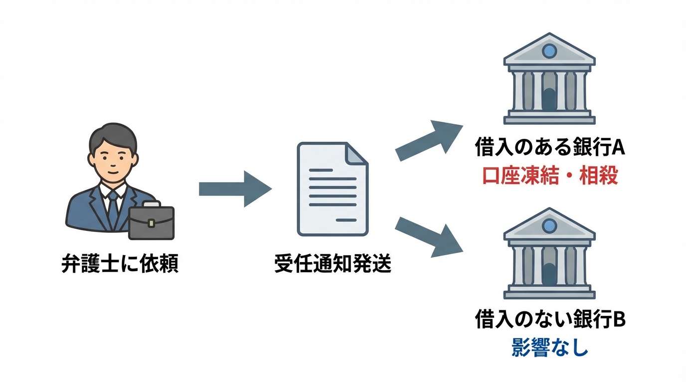 債務整理で口座が凍結される仕組みの図解。弁護士からの受任通知が借入のある銀行に届くと凍結され、借入のない銀行には影響がないことを示している。