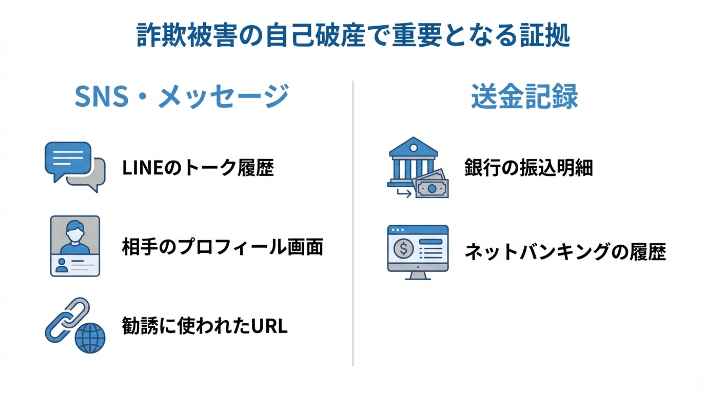 詐欺被害による自己破産で必要となる証拠資料をまとめた図解。SNS履歴と送金記録の具体例が示されている。
