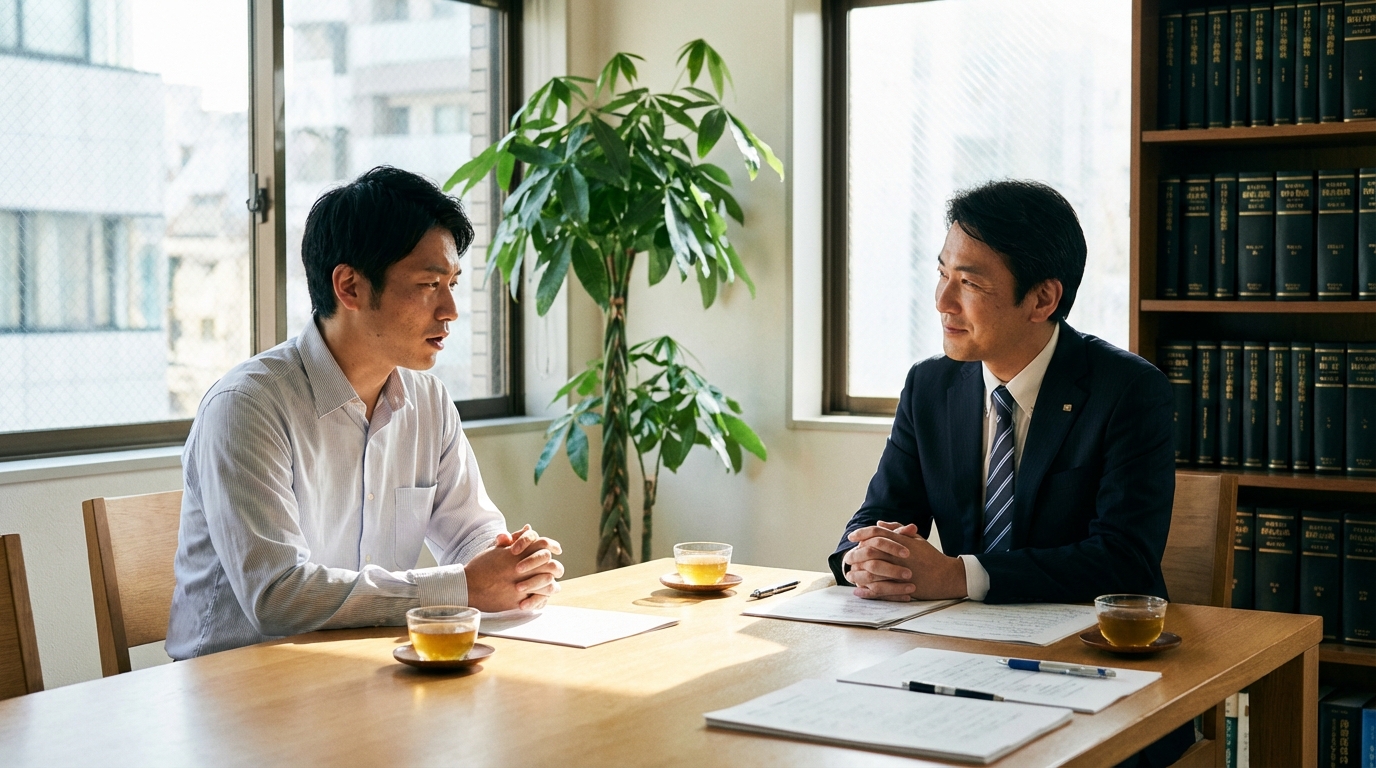 北九州の法律事務所で、休職中の借金問題について弁護士に相談している男性。弁護士は親身に話を聞いている。