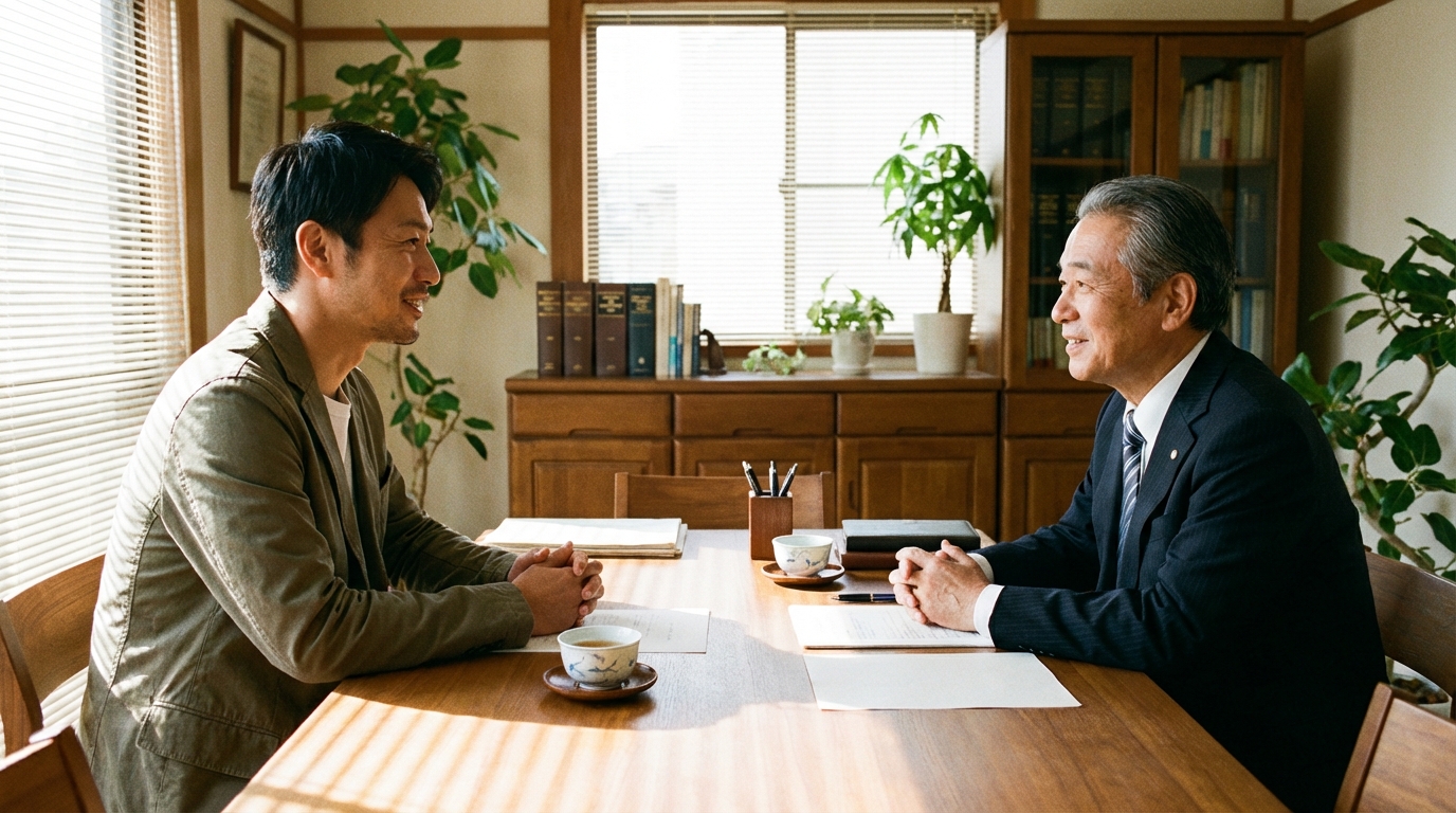 法律事務所で弁護士に相談し、安堵の表情を浮かべる男性。任意整理の次の一手について専門家からアドバイスを受けている様子。