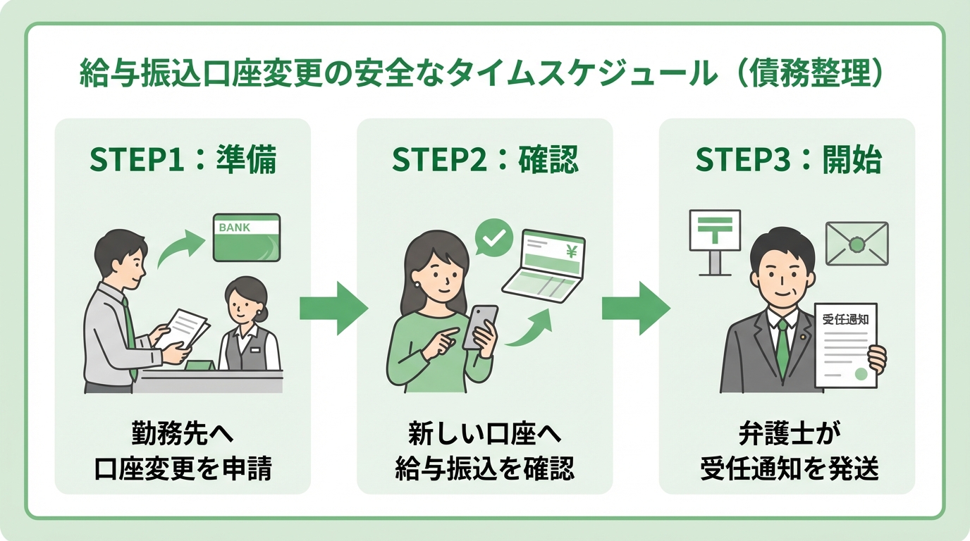 給与振込口座を安全に変更する手順の図解。勤務先への申請、新口座への振込確認、その後に弁護士が通知を発送するという3ステップを示している。