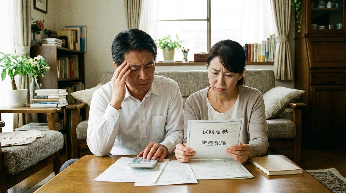 自己破産を前に生命保険の証券を見て悩む夫婦
