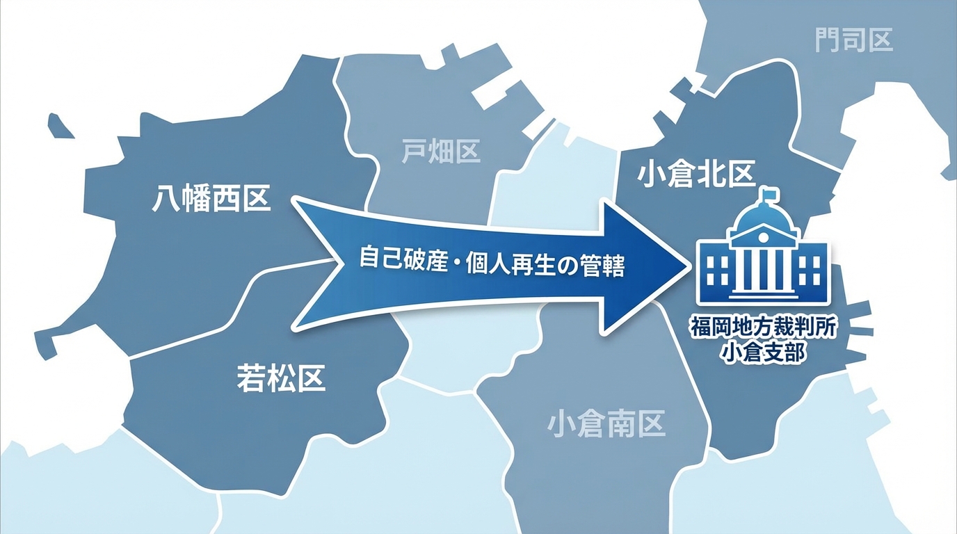 八幡西区・若松区から福岡地方裁判所小倉支部への管轄を示す地図。自己破産や個人再生の手続きは小倉支部で行われることを示している。