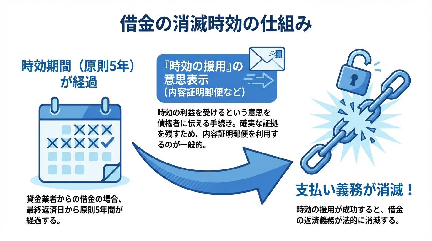 借金の消滅時効の援用の流れを示す図解。5年の期間経過後、時効の援用をすることで支払い義務が消滅するプロセスを説明しています。