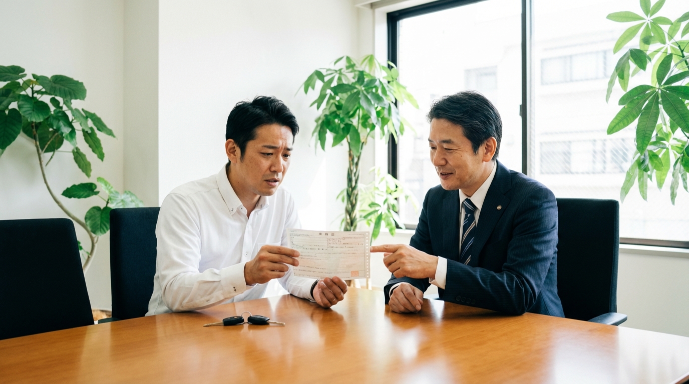債務整理について弁護士に相談する男性。車検証を見ながら所有権留保について説明を受けている様子。