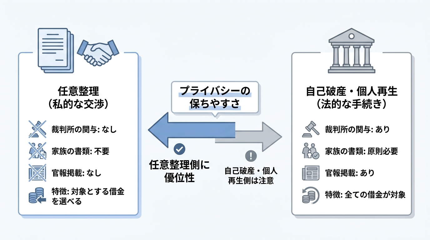 任意整理と自己破産・個人再生の違いを図解。任意整理は裁判所の関与や家族の書類提出が不要である一方、自己破産・個人再生は必要であることを示している。