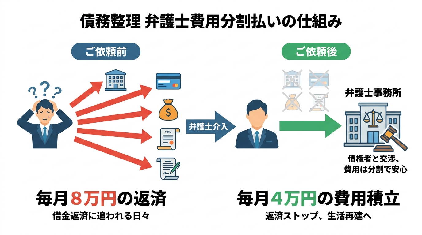 債務整理の弁護士費用分割払いの仕組みを表す図解。依頼前は複数社へ返済していたものが、依頼後は返済が停止し、その一部を弁護士費用として積み立てるキャッシュフローの変化を示している。